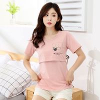 哺乳上衣夏季外出时尚薄款哺乳短袖t恤产后哺乳期喂奶衣服潮夏装 豆沙红 L