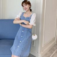 孕妇产后外出喂奶连衣裙夏季款短袖牛仔拼接方领潮妈时尚哺乳裙子[7月18日发完] 牛仔蓝(产后哺乳拉链款) M(85-10