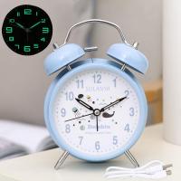 闹钟学生简约创意床头静音闹铃多功能可充电儿童专用闹铃夜光闹表 蓝色 小号夜灯标注版[送电池]