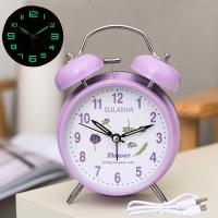 闹钟学生简约ins静音卡通闹铃夜光多功能金属儿童大号4寸可充电 丁香紫 小号-夜灯[金属-电池款]