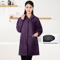 韩版罩衣大人防水防尘女成人工作服韩版家用厨房防油围裙长袖外套 拉链薄款紫色 XL（80-110斤）
