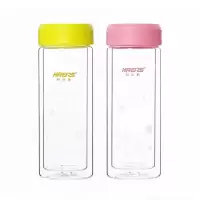 哈尔斯双层玻璃杯男女便携提环水晶杯泡茶水杯子 黄色240ML