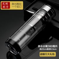 加厚高档水晶双层玻璃水杯男商务车载办公家用便携杯子女刻字茶杯 黑水晶黑宝石盖-380亳手提盒装