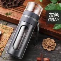 富光玻璃杯双层茶水分离泡茶杯带盖男女士创意便携过滤透明水杯子 340ml灰色(升级款塑玻)