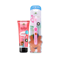 小树苗儿童无氟可吞咽大牙膏牙刷3-6-12岁牙刷套装洗漱旅行套组 草莓味70g+1-3粉色牙刷