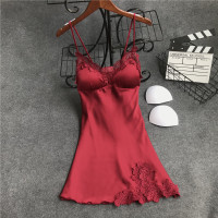 21新品睡衣女春夏天性感吊带睡裙有胸垫冰丝绸情趣极度诱惑家居服 酒红 M