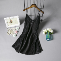 性感睡衣女夏季蕾丝诱惑冰丝绸吊带睡衣裙薄款情趣内衣激情家居服 黑 M