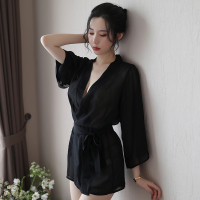 性感浴袍情趣内衣大码睡裙日系挑逗和服系带诱惑制服床上睡衣套装 黑色[浴袍+腰带+T裤] 均码