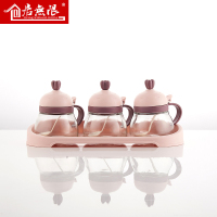 调料盒套装家用组合装四格一体厨房放盐味精调味盒调味罐收纳玻璃 三组粉色