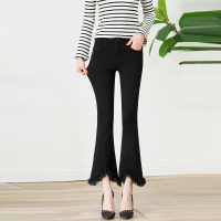 发热牛仔裤女加绒喇叭裤秋冬季高腰显瘦带绒黑色微喇裤小个子长裤 开叉流苏 黑色[不加绒] 25