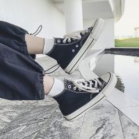 鮀品高帮帆布鞋女鞋子韩版学生板鞋夏季2021新款潮百搭基础平底鞋 黑色高帮[女款] 35女款