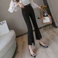 开叉微喇裤女春夏新款九分弹力西装裤高腰显瘦修身小个子喇叭裤 黑色 S (建议体重85-95斤)