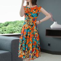 2020夏季无袖圆领新款修身显瘦大码印花连衣裙女中老年人宽松裙子 花色 橙色无袖 S 80斤内