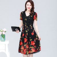 中老年女装夏季妈妈中长款蕾丝裙子中年人春夏洋气高贵短袖连衣裙 815 黑色 2XL