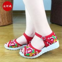 民族风妈妈凉鞋女绣花鞋中老年大妈平底鞋老人防滑凉鞋古风旗袍鞋 红色 34