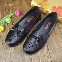 老人鞋女透气中老年妈妈镂空软底皮鞋防滑奶奶单鞋平底凉鞋夏休闲 黑色 镂空钻(标准码) 35 镂空透气软底防滑