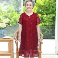 中老年人连衣裙女宽松妈妈装新款裙子中长款60-70岁奶奶装夏装 红色 XL