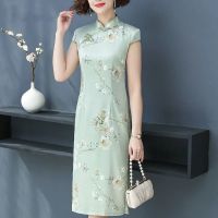 中老年妈妈夏装日常可穿中国风复古民族风仿真丝旗袍改良版连衣裙 5051浅绿色 L 建议100-110斤