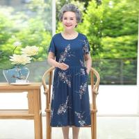 奶奶装夏装连衣裙60岁70中老年人夏季女短袖老人妈妈装绵绸长裙子 蓝花 XL(建议100斤以内)
