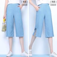 七分裤女夏宽松薄款阔腿裤垂感高腰冰丝女裤休闲大码直筒中裤百搭 3383浅蓝色开叉款 S 建议85-98斤穿
