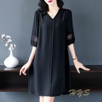 黑色裙子女胖mm宽松大码女装2021年夏装新款妈妈夏天中长款连衣裙 黑色 L 建议[100-120斤]