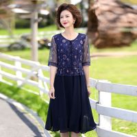 中年妈妈夏装假两件套雪纺连衣裙女士新款40岁50中老年人裙子气质 图片色 XL 推荐110斤以下