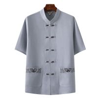 唐装男棉麻短袖套装夏装中老年爷爷汉服爸爸中国风男装老年人衣服 [单件上衣]灰色 39/165建议90-115斤