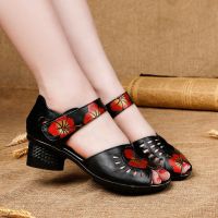 民族风真软皮包头凉鞋女夏季软底防滑中跟复古中老年妈妈跳舞鞋女 黑色鱼嘴 偏大一码建议拍小一码 35
