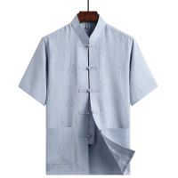 唐装男中老年休闲短袖套装中国风男装老年衣服夏季爸爸装汉服夏装 [福字单件上衣-灰色] 39/195建议[90-115斤]