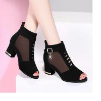 女网纱凉鞋粗跟单鞋夏季中老年鱼嘴中跟防滑软底妈妈鞋透气女凉靴 网纱黑色001 35