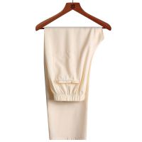 中老年人夏季套装唐装男短袖衬衫刺绣爸爸中式休闲晨练爷爷装汉服 单裤子米色 39 (建议85-115斤)