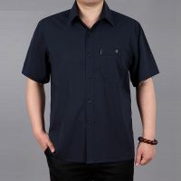 中老年男装衬衫桑蚕丝爸爸中年男士短袖衬衣宽松大码老人夏装父亲 黑蓝色 6086 M 适合105-120斤左右穿