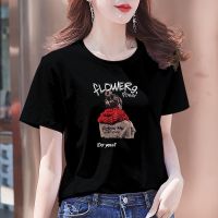 精品棉]2021新款黑色t恤短袖女宽松显瘦百搭韩版黑色体恤衫上衣 黑色 围巾女孩 S