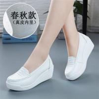 新款春秋真皮内增高松糕鞋女厚底护士鞋高坡跟妈妈鞋白色韩版单鞋 春秋款白色 真皮 34