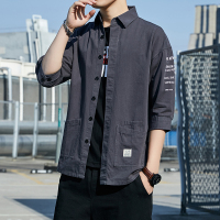 wsng 衬衫男士韩版潮流夏季短袖寸衫宽松百搭七分袖上衣服衬衣工装外套