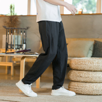 wsng 休闲裤男士长裤子宽松弹力夏季薄款潮流直筒中国风冰丝亚棉麻九分裤 男