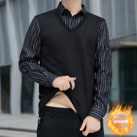 2021秋冬新款打底毛衣男士长袖衬衫领假两件男春秋潮流套头针织衫 wsng