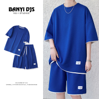 华夫格休闲套装男夏季冰丝短袖t恤 男装一套搭配帅气潮牌运动衣服Wsng