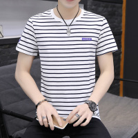 夏季休闲短袖t恤 男士圆领纯棉条纹修身体恤宽松潮流半袖上衣服男 Wsng