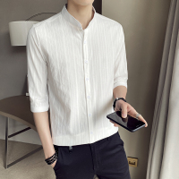 纯棉冰丝条纹衬衫男短袖夏季薄男生轻熟穿搭衬衣宽松半袖七分斯文寸衣 Wsng