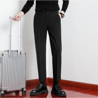 秋季新款韩版宽松直筒9九分西装裤男士英伦免烫修身小脚大码休闲裤子 Wsng