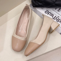 枫述拼色粗跟浅口单鞋女2022春季新款奶奶鞋韩版低跟方头豆豆鞋