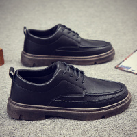 述雅男鞋春季2021新款潮鞋韩版潮流百搭休闲小皮鞋英伦男士黑色板鞋男