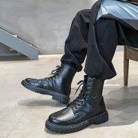 述雅秋冬高帮马丁靴男英伦风黑色加绒复古工装靴韩版百搭ins中帮潮鞋