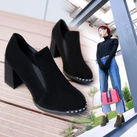 述雅2021秋季高跟单鞋女女粗跟磨砂女靴韩版新款百搭高跟鞋鞋子