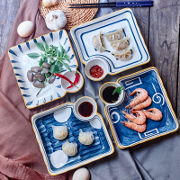 日式陶瓷饺子盘包子蒸饺蒸虾小吃早餐盘带醋碟寿司盘蘸料碟分格盘