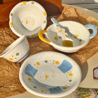 浮雕小飞鸽餐具小碗家用可爱陶瓷盘子儿童饭碗创意高颜值双耳碗碟