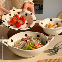 韩式ins黑白波点陶瓷盘子碗可爱家用双耳汤碗套装餐具小众米饭碗