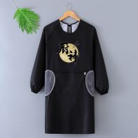 成人罩衣女工作新款洋气防水防油厨房家用围裙长袖上班工作服男士 黑色 可擦手均码刀叉[升级拉链]