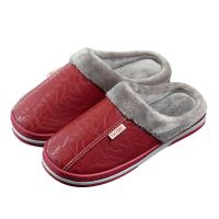 棉拖鞋女包跟冬居家室内情侣防滑软底pu皮防水棉鞋男月子鞋保暖鞋 大红 36-37(适合35-36脚)